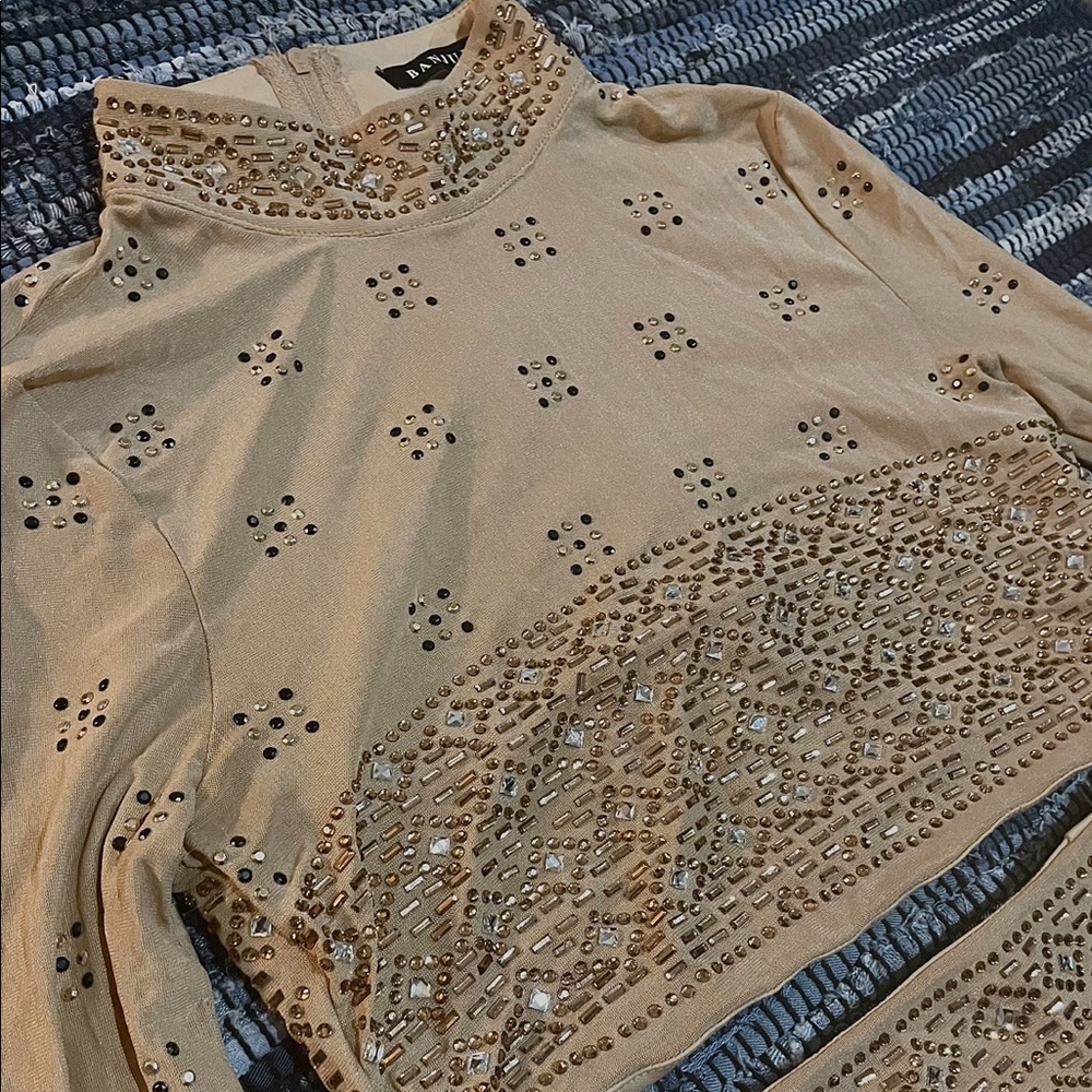 Banjul Beaded Tan Crop Skirt Set